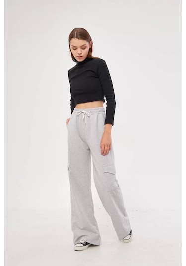 Kargo Cepli Palazzo Oversize Kesim İki İplik Bol Paça Eşofman Altı Pantalon - Gri Gri