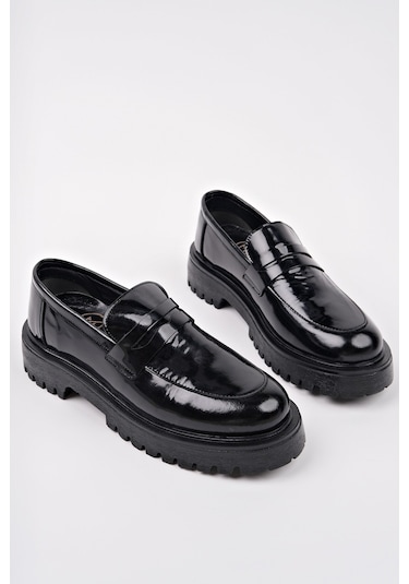 Muggo Paradise Hakiki Deri Kalın Taban Günlük Casual Makosen Kadın Loafer Ayakkabı Siyah Rugan