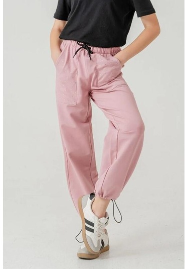 Cebi Taşlı Paça Brit Lastikli Stoperli Kız Çocuk Eşofman Altı 6168p Anrasit