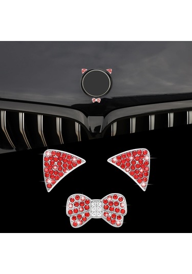 3 Adet Kırmızı Parlak Araba Aksesuarları Dıy Kedi Çıkartmaları Elmas Araba İç Dekorasyonu Kristal Kedi Kulakları Çıkartmaları Parlak Logo F