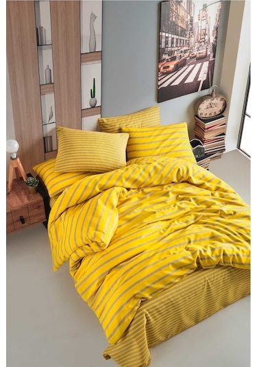 Cotton Life Çift Kişilik Nevresim Takımı - Stripe Sarı