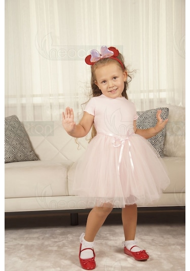 Tüllü Baskısız Düz Üst Kısım Ribana Alt Kısım Astarlı Tütü Etek Kız Çocuk Prenses Kısa Kollu Elbise Pembe