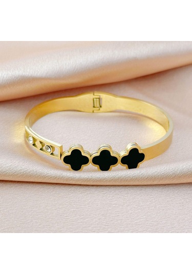 Altın Siyah Kabuk Üç Yonca Çim Kakma Pırlanta Titanyum Çelik İçi Boş Bileklik Altın