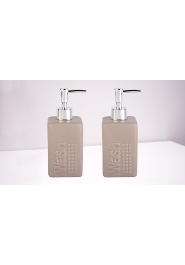 Banyo Seti Seramik Sıvı Sabunluk 2 Adet Bej Modern 7x7x17cm 300ml Bej