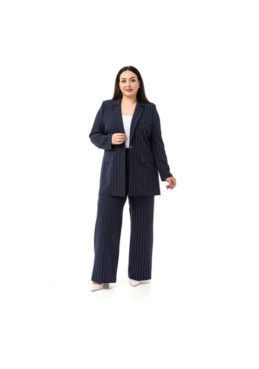 Büyük Beden Çizgili Lacivert Ceket Pantolon İkili Takım Lacivert