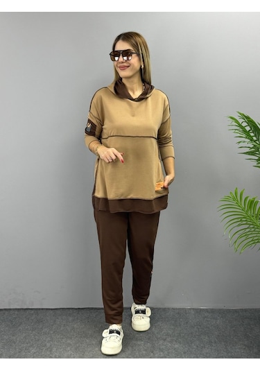 Modaserdem Kadın Kahve Kapşonlu Etek Ucu Detay Arma Ters Dikiş Gorunumlu Ikili Takım Sütlü Kahve