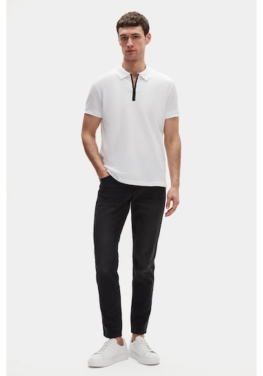 Twn Slim Fit Beyaz Pike Dokulu Yarım Fermuarlı Polo Yaka T-shirt 4ec14ortfrplo Beyaz