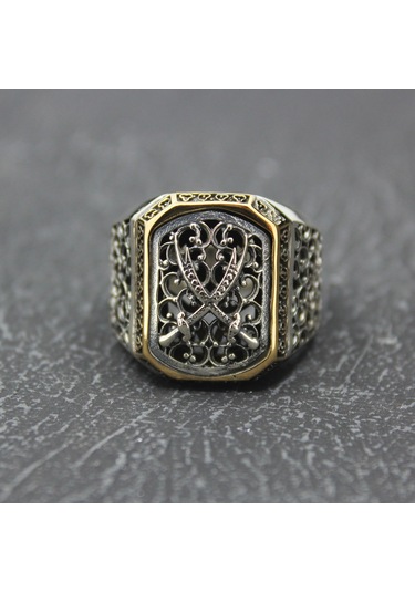 925 Ayar Zülfikar Tasarım Telkari Kasa Gümüş Erkek Yüzüğü Gümüş