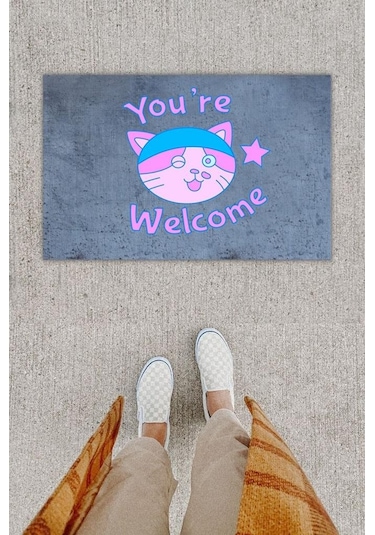 Dijital Baskı Dekoratif Welcome Kedili Antrasit Kapı Önü Paspası K-1292