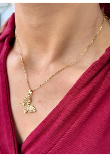 Gold Renk Zirkon Taş Detaylı Kelebek Model Kolye Altın