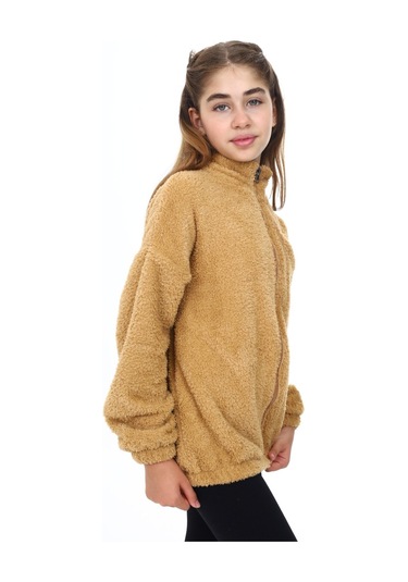 Toontoy Kız Çocuk Nakışlı Peluş Hırka Kahverengi