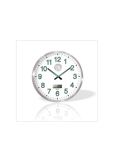 Basınç Isı Sıcaklık Ölçerli Tarih Göstergeli Fosforlu Duvar Saati Gümüş - Beyaz