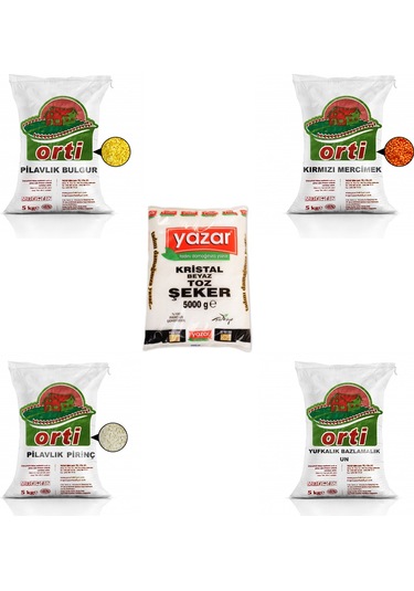 Orti Kırmızı Mercimek 5 KG + Bulgur 5 KG + Pirinç 5 KG + Un 5 KG + Yazar Toz Şeker 5 KG