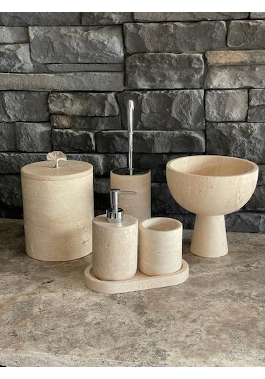 Yeni Model Traverten 6'lıbanyo Seti Ayaklı Kase Havluluklu Takım Beyaz