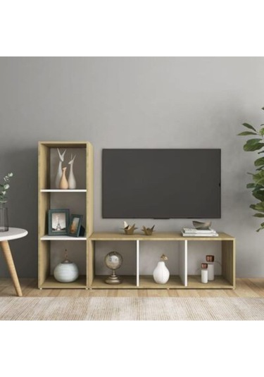 Tdesıgno Onur Kitaplıklı Televizyon Sehpası - Ünitesi -kitaplık-meşe Beyaz 120 Cm 6 Raflı Meşe - Beyaz