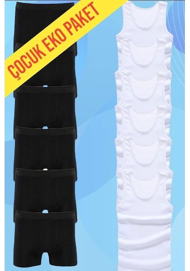 Tezzgelsin Erkek Çocuk Pamuklu Penye 6 Atlet 6 Boxer Beyaz Siyah