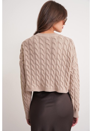 6863 Kadın Saç Örgülü Crop Triko Kazak Vizon Vizon