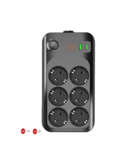 Winnboss Termal Akım Korumalı Usb Ve Type-c 2.1a Şarj Çıkışlı 10a 2500w 6'lı Uzatma Grup Priz 3421 2 M