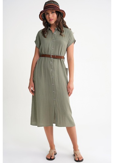 4453 Kadın Keten Cepli Midi Kemerli Elbise Haki Haki