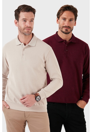 Buratti Pamuk Karışımlı Regular Fit 2'Li Paket Erkek Polo Yaka Kazak 456223S2 Bej-Mürdüm