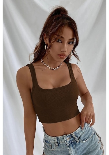 Askılı Fitilli Crop Top Bluz - Kahverengi Kahverengi