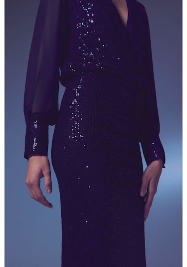 Sateen Payet Detaylı Kalem Etek - Lacivert-134245 Lacivert