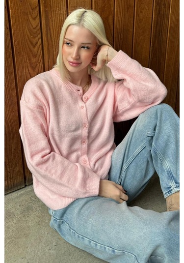 Madmext Pembe Rahat Kalıp Düğmeli Triko Kadın Hırka Mg2552 Pembe
