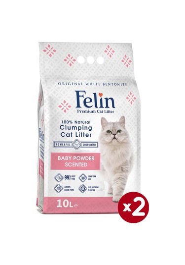 Felin Bebek Pudrası Kokulu İnce Taneli Topaklaşan Bentonit Kedi Kumu 2 x 10 L