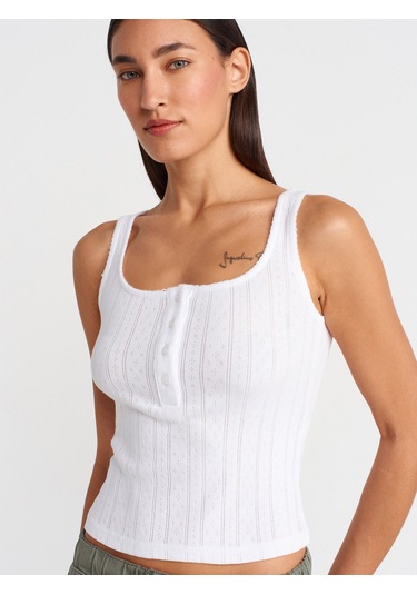 Dilvin 21069 Düğmeli Kare Yaka Top-beyaz Beyaz