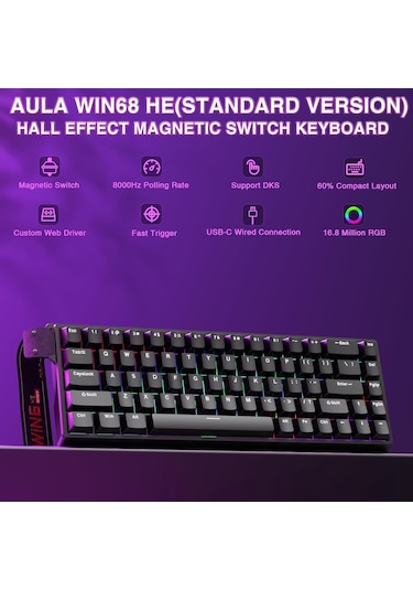Aula Win68 He Manyetik Klavye Rapid Trigger Graywood Swtich 8000hz Rgb Tkl Hot Swap Oyuncu Klavyesi Siyah