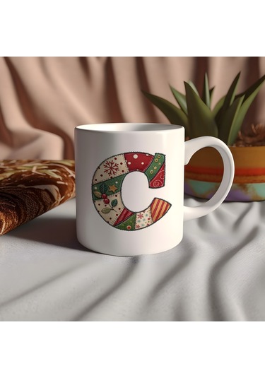 C Harfi Yılbaşı Temalı Kupa Bardak - Yeni Yıl Konsept Yamalı Efekt Tasarım - Noel Hediye Beyaz