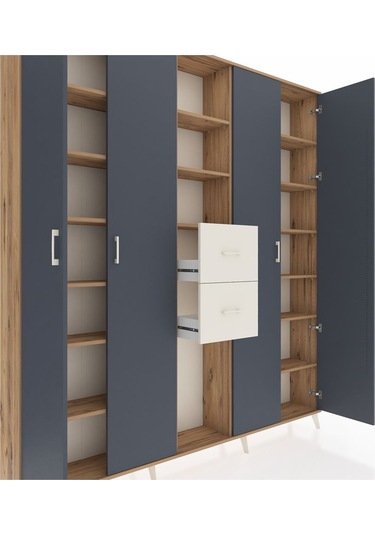 Arges Dolap 15 Raflı 2 Çekmeceli 4 Kapaklı 220x30x243 Çam-antrasit/aytaşı Antrasıt/aytası