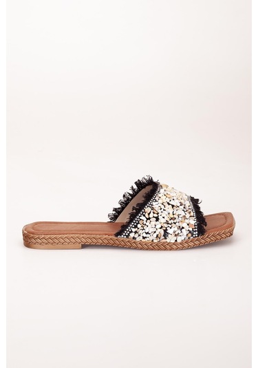 Kadın Düz Topuklu Terlik Siyah Taşlı Püsküllü Kalın Tekbant-3922 Siyah