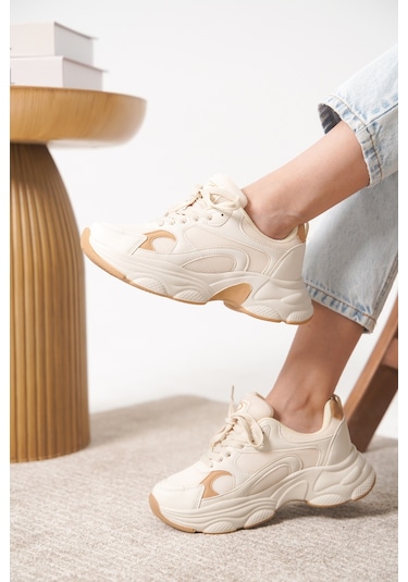 Garantili D0164 Günlük Ortopedik Kadın Sneaker Spor Ayakkabı Bej