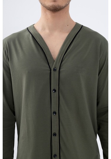 Erkek Pamuklu, Likralı, Düğmeli Ve Cep Detaylı Pijama Takımı Ko6301pj Haki - Siyah