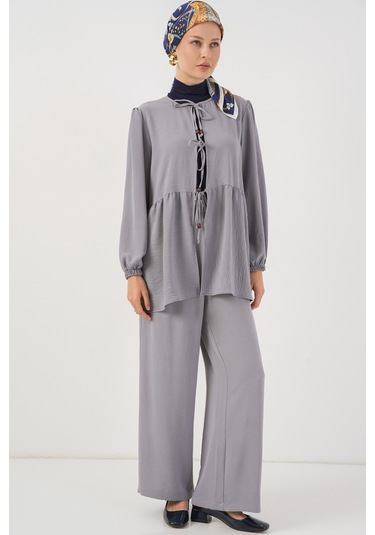 Kadın Önü Bağcıklı Tunik Pantolon İkili Takım 6744 - Gri Gri
