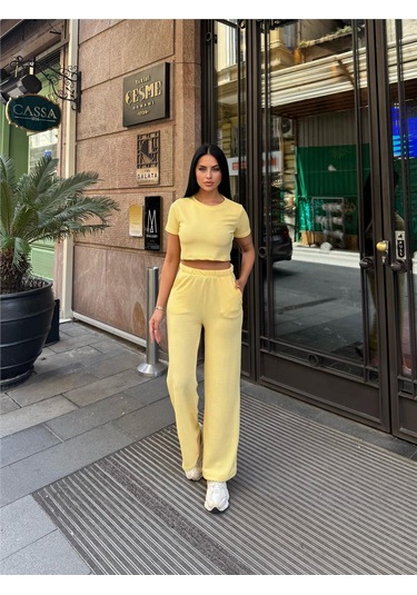 Sarı Modal Keten Desenli Bisiklet Yaka Takım Sarı