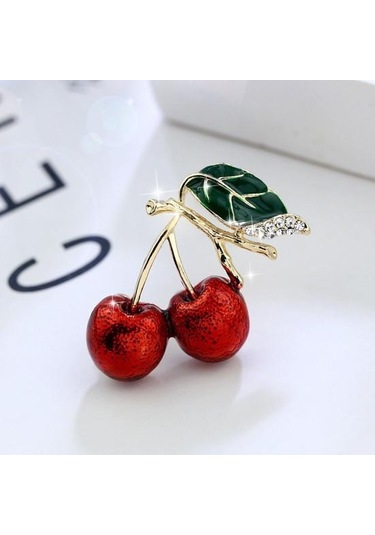 Sevimli Kiraz Taklidi Yaprak Emaye Canlı Canlı Kiraz Broş Renk Pin Şal Eşarp Yaka Rozeti Kırmızı - Yeşil