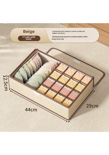 Bej Pamuk Ve Keten Kumaş 17 Izgaralı İç Çamaşırı Saklama Kutusu, Kapaklı Çekmece Tarzı Bölücüler Bej