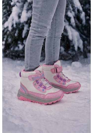 Kız Çoçuk Sim Detaylı Kışlık Kaymaz Taban Su Geçirmez Cırt Cırtlı Yarım Bot Pembe