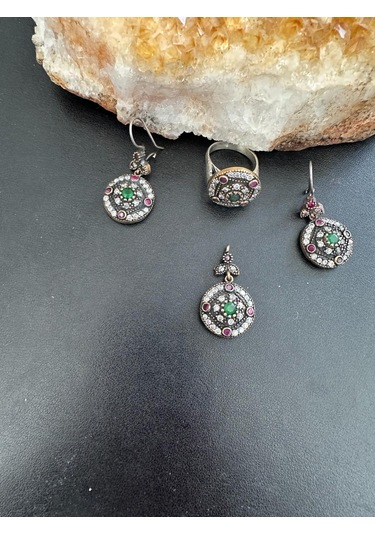 Aysesa Yakut Zümrüt Zirkon Bakır Görünümlü Kadın Gümüş Set