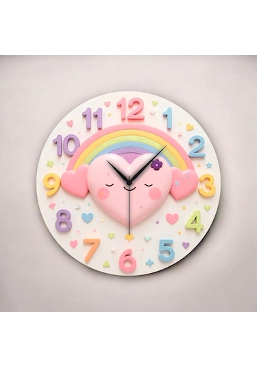 Renkli Baskı Kalp Çocuk Desenli Sayılı Hediyelik Ahşap Sessiz Duvar Saati 50cm ÇOk Renkli