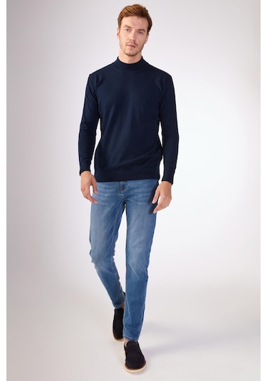 Dufy %100 Pamuk Düz Erkek Triko - Slim Fit Lacivert