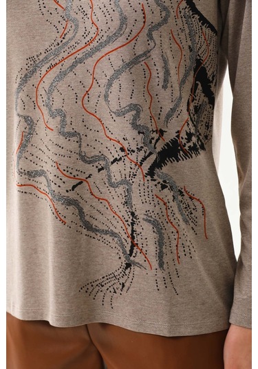 Sistas Kadın Desenli Bisiklet Yaka Uzun Kollu Bluz 23636 Keten Çok Renkli