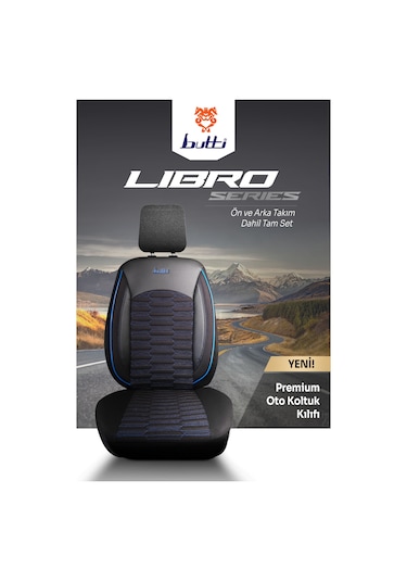 Siyah - Mavi Butti Libro Serisi Keten Kumaş Premium Oto Koltuk Kılıfı Destekli, Ön Arka Tam Set
