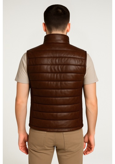 Derije Ramos Hakiki Deri Erkek Kahverengi Şişme Yelek