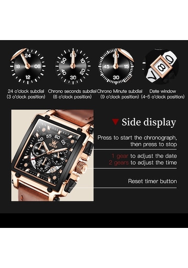 Olevs 9919 Erkekler İçin Kare Kadranlı Kronograf Aydınlık Kuvars Saat Kahverengi Deri Gül Kabuğu Siyah Yüzey