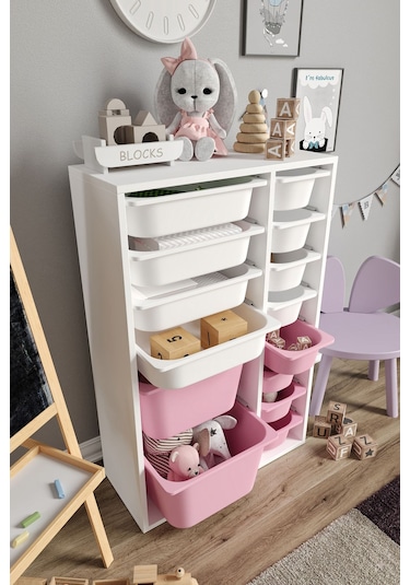 %100 Mdf - Large Duo 14 Sepetli Oyuncak Dolabı Pembe