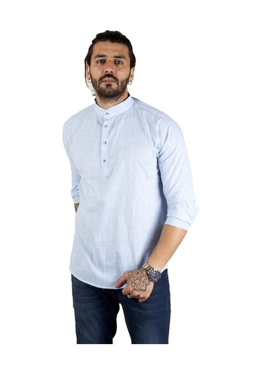 Deepsea Erkek Mavi Yarım Düğme Gömlek 2201914 Mavi