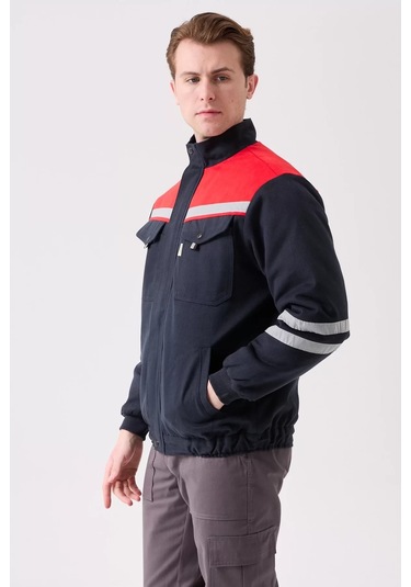 Kışlık İş Montu Grikırmızı Reflektörlü Gabardin Royal Mont İçi Kapitoneli Sıcak Tutan Lacivert-Kırmızı